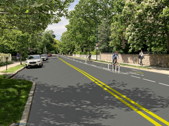 A mockup of the Brattle Street layout. From left to right, we see a sidewalk, parking lane, a traffic lane in each direction, a buffer zone with concrete curbs, and a two-way separated bike lane.