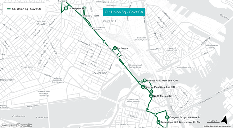 MBTA Green Line Shuttle stops at Government Center, Haymarket (Congress Street at Hanover Street), North Station, Science Park/West End, Lechmere, and Union (34 Prospect Street).