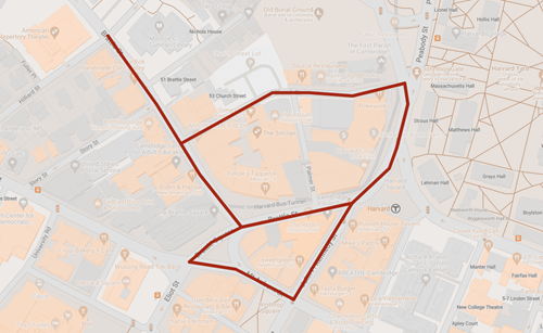 Harvard Square will be closed to vehicle traffic from 6 a.m. to 6 p.m., including JFK Street from Mt. Auburn to Mass Ave, Brattle Street from Mass Ave to Appian Way, Church Street from Mass Ave to Brattle Street, and Mount Auburn Street from Eliot to JFK. Expect traffic impacts in the entire area.