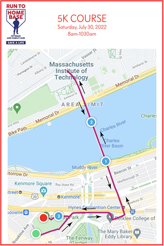 The Run to Home Base 5K begins at Fenway Park, goes to Massachusetts Avenue, crosses the Harvard Bridge, crosses Memorial Drive to Vasser Street, and reverses, following the same route to return.