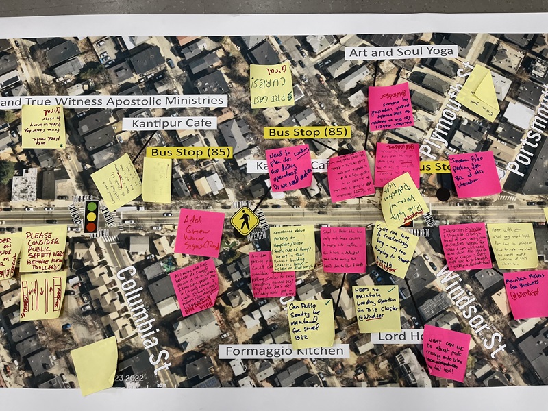 Sticky notes on a map of Hampshire Street