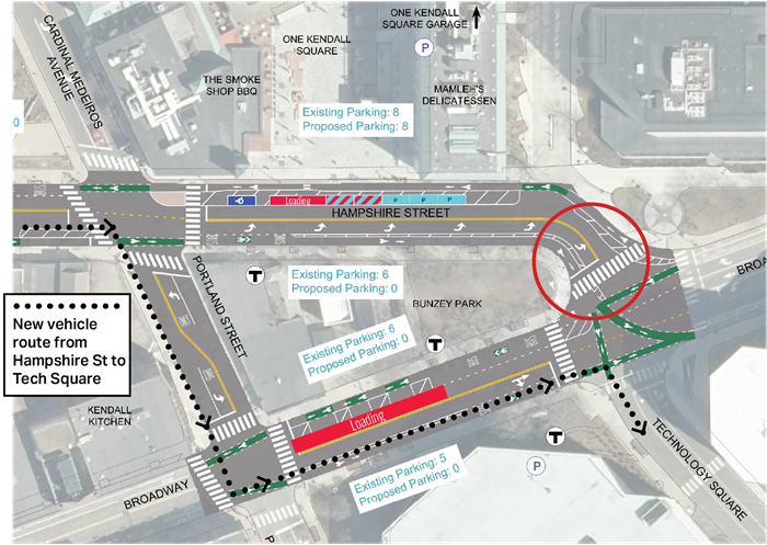 Image shows that people will only be able to turn left from Hampshire Street to Broadway. People looking to access Tech Square will be able to turn at Portland Street.