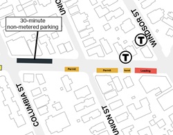 On Hampshire STreet between Columbia and Union Street, there will be 30-minute non-metered parking and permit parking. Between Union and Windosr, there will be permit parking and a loading zone.