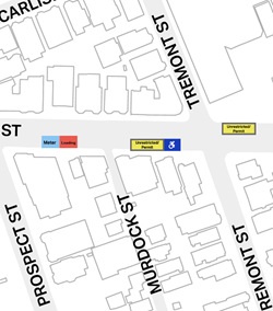On Hampshire Street between Prospect Street and Murdock Street, there will be a metered space and a loading zone. Between Murdock and Tremont, there will be an accessible space and parking spaces that are unrestricted between 6 a.m. and 6pm and permit-only from 6 pm to 6 am.