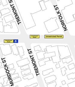 On Hamphsire Street between Tremont Street and Norfolk Street,  there will be parking spaces that are unrestricted between 6 a.m. and 6pm and permit-only from 6 pm to 6 am.