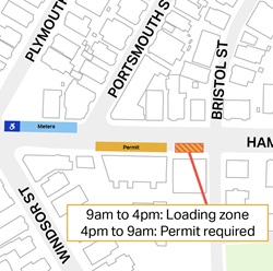 On Hampshire Street between Plymouth and Portsmouth Streets, there will be an accessible parking space and meters. Between Portsmouth Street and Bristol Street, there will be permit spaces and spaces that are a loading zone from 9 a.m. to 4 p.m. and permit-only from 4 p.m. to 9 a.m.