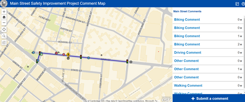 A screenshot of the Main Street Safety Improvement Project comment map, with colored circles showing existing comments.