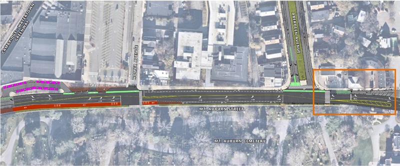 The westbound right lane on Mt Auburn Street at Aberdeen Avenue will become right-turn only. This reduces conflicts between drivers and people crossing the street on foot or by bike