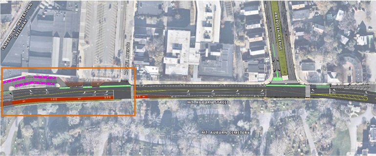 We’ll extend the eastbound shared bus-bike lane to the Homer Avenue bus stop and remove one of the westbound traffic lanes (toward Watertown). Updated signal timing and new turn lanes will mitigate impacts to traffic.