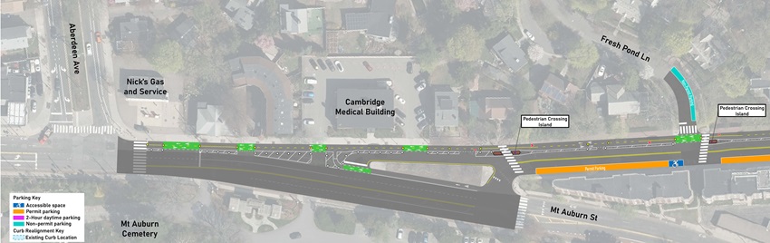 Image shows plans for the Brattle Street Safety Improvement Project. Separated bike lanes will end at Aberdeen Avenue.
