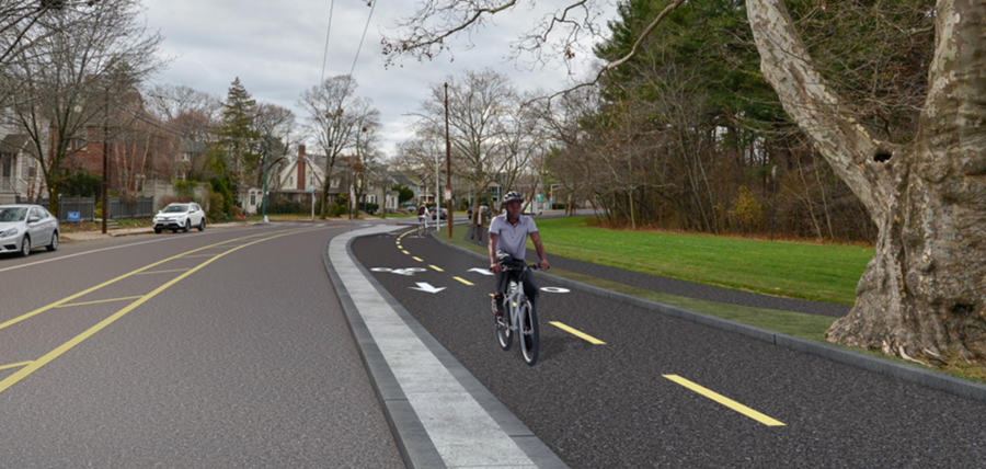 Illustration of a planned two-way bike lane on Huron Avenue. The separated bike lane is on the same side of the street as the Fresh Pond Reservation