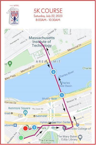 The 2023 Run to House Base 5K course starts at Fenway Park, proceeds to Mass Ave, crosses the Mass Ave bridge, turns around at Vassar Street, and doubles back to end at Fenway Park.