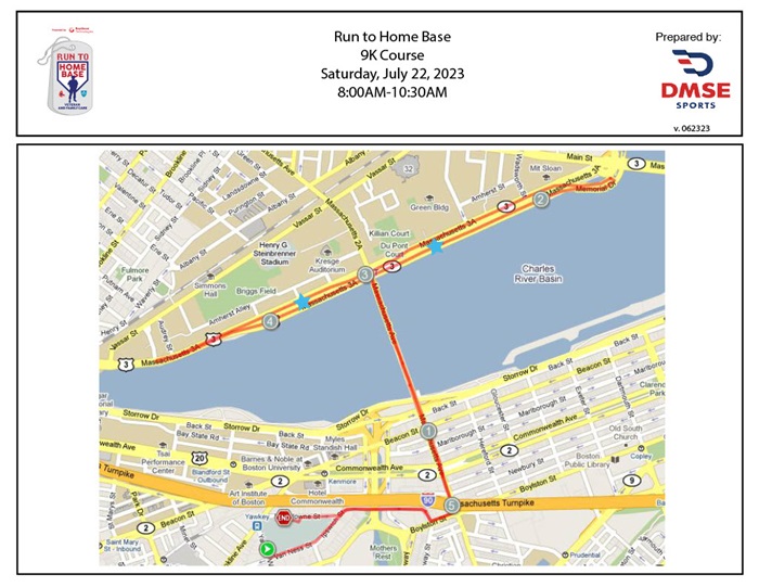 The 2023 Run to Home Base 9K Course begins at Fenway park, proceeds to Mass Ave, crosses the Mass Ave Bridge, travels down Memorial Drive to the Longfellow Bridge, turns back down Memorial Drive to Vassar Street, and proceeds back to Mass Ave and Fenway Park.