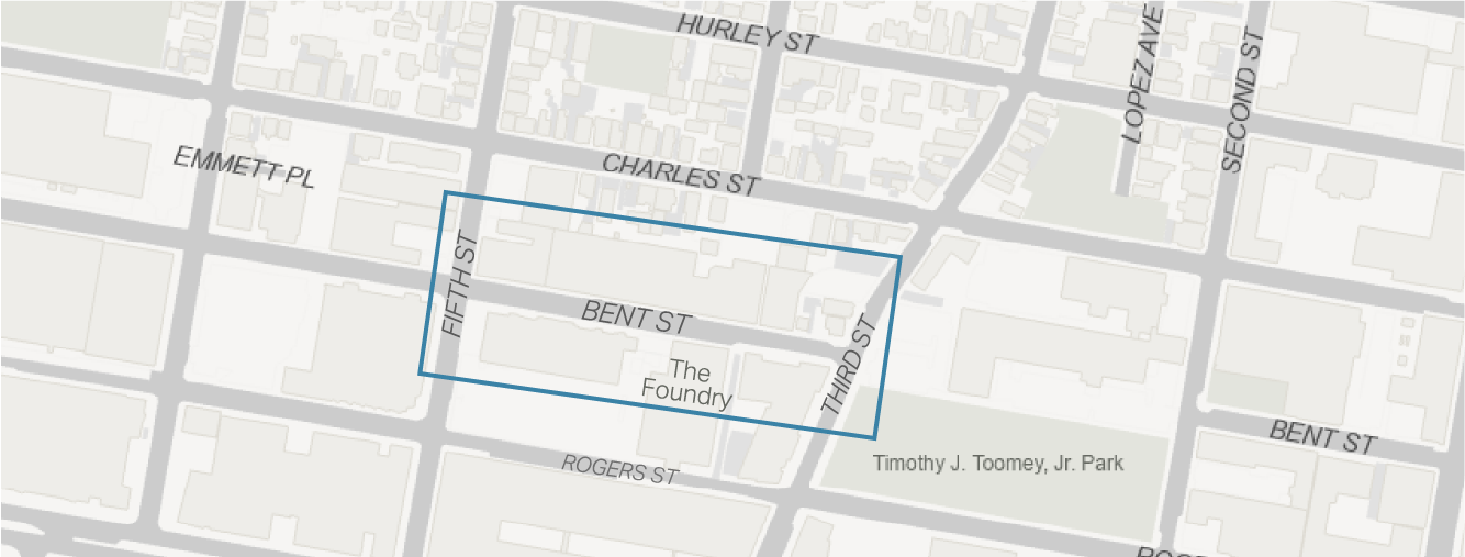 Map shows the part of Bent Street between Third and Fifth Street that is returning to two-way operation.
