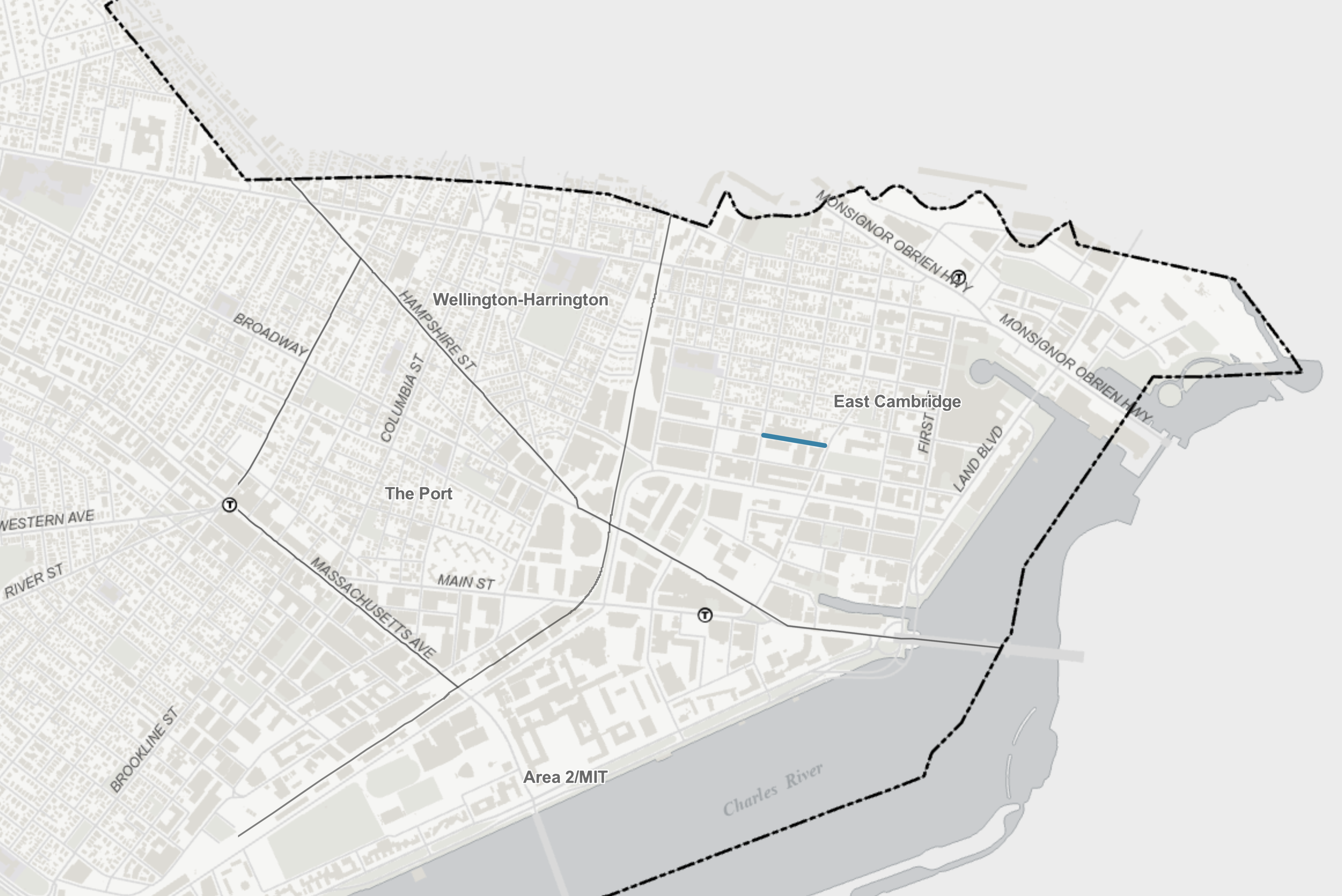 Map highlights Bent Street's location in the East Cambridge neighborhood