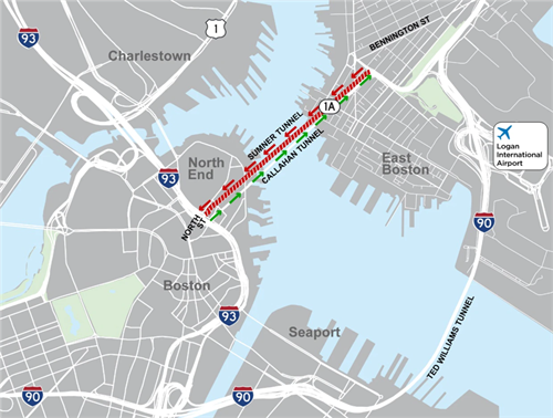 The Sumner Tunnel on Route 1A connecting East Boston to downtown Boston will close. The Callahan Tunnel running in the opposite direction of Route 1A, from downtown Boston to East Boston, will remain open.