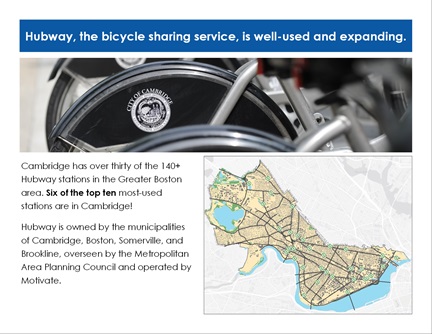 Transportation Trends page 14: Hubway, the bicycle sharing service, is well-used and expanding.