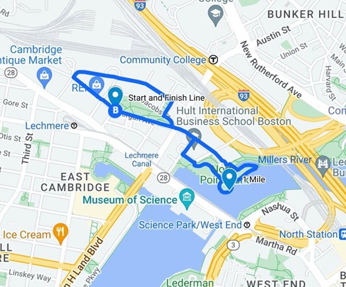 route map of REI Co-op 5k in Cambridge Crossing