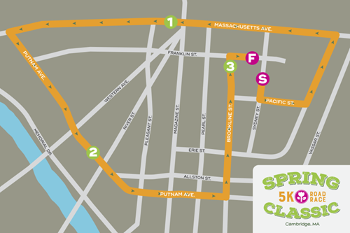 Map of Spring Classic Route.  Starting at 64 Sidney Street,  the route goes from Sidney Street, left on Pacific Street, left on Albany Street, Left on Mass Avenue, Left on Putnam Avenue, left on Brookline Street, and right on Franklin Street.