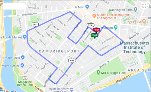 route map for Summer Classic 5K. The race will start at 64 Sydney Street, turn right on Mass Ave, right on Albany Street, Right on Pacific Street, Left on Sydney Street, right on Henry Street, Right on Brookline Street, left on Putnam Ave, right on River Street, right on Green Street, right on Pearl Street, left on Lopez Street, left on Brookline Street, and right on Franklin Street.