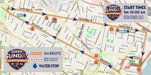 map of 5 mile and 5 K super sunday roadrace route.