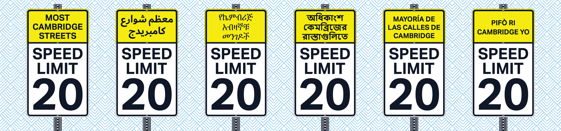 Signs that say "On most Cambridge Streets, speed limit 20" in multiple languages.