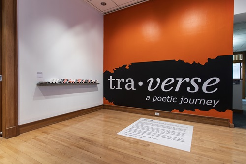Photograph of "Tra-Verse: A Poetic Journey" exhibition in Gallery 344