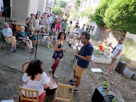 Satareh Ensemble performs off Pearl Street during the 2026 Cambridge Porchfest.