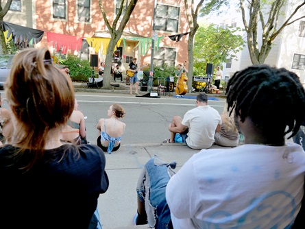 Blue Monk performs on Brookline Street during the 2026 Cambridge Porchfest.