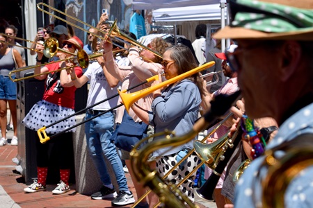 School of Honk performs in Central Square during the 2026 Cambridge Porchfest.