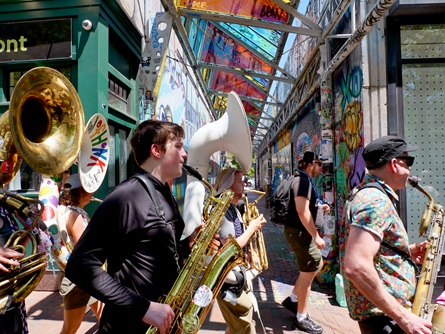 School of Honk performs in Central Square during the 2026 Cambridge Porchfest.