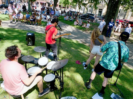 Panic! At The T Stop perform at Winthrop Park outside Grendel's Den during the 2026 Cambridge Porchfest.