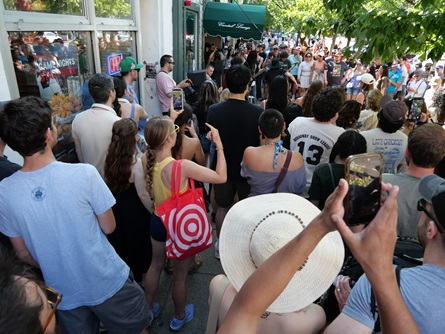 Storrow Drivers perform outside Cantab Lounge on Massachusetts Avenue during the 2026 Cambridge Porchfest.