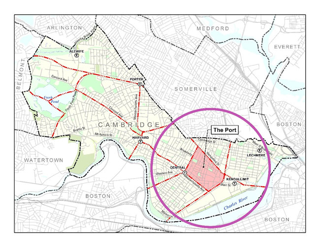 Map of Cambridge, Massachusetts, identifying the Port neighborhood in the southwest area of the city.