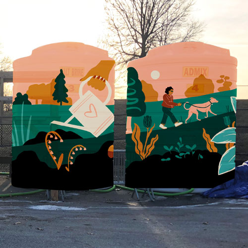 Sketch of Monique Aimee's mural design for the City’s new brine tanks at St. Peter’s Field, 2020.