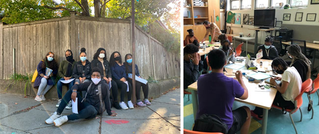 Teens gather in a group outdoors in front of a fence and work on art projects while seated around a table at the Community Art Center.