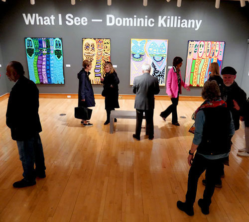 Dominic Killiany, a prolific artist living with autism, whose visionary paintings were reproduced as murals in the Louis A. DePasquale Universal Design Playground at Danehy Park, was featured in the exhibition “What I See” at Cambridge Arts’ Gallery 344, from May 1 through the fall.