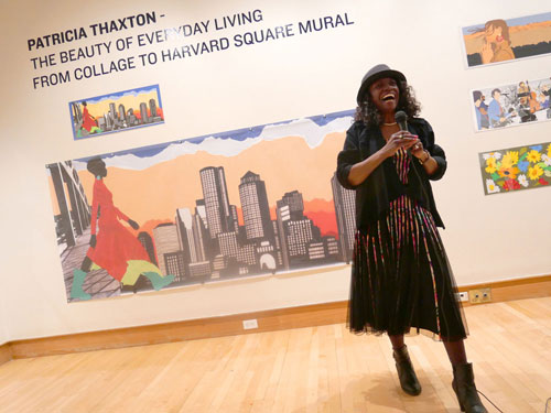 Artist Patricia Thaxton of Stoughton was celebrated at a Jan. 9 reception for her exhibition in Cambridge Arts’ Gallery 344 highlighting her original designs for the monumental (printed) mural she debuted in Cambridge's Harvard Square in June 2021 as part of the City of Cambridge's renovation of the landmark Harvard Square Kiosk.