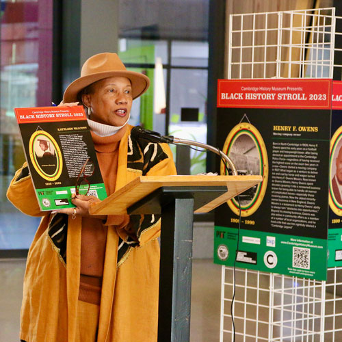 Cambridge City Councilor E. Denise Simmons spoke at a February reception for the 2023 Black History Stroll from the Cambridge Museum of History and Culture.