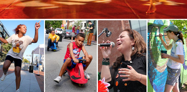 Pictured from left:  Imani Deal dances; Hancock Street block party; Receita de Samba performs; and Kit Collins paints Pemberton Street mural;