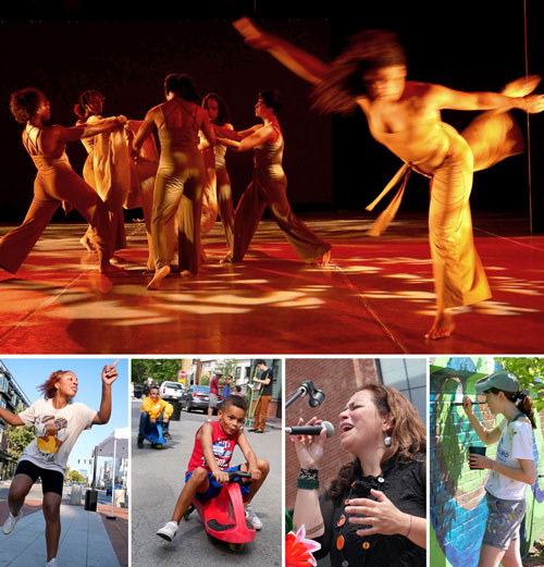 Pictured clockwise from top: RootsUprising performs; Kit Collins paints Pemberton Street mural; Receita de Samba performs; Hancock Street block party; and Imani Deal dances.