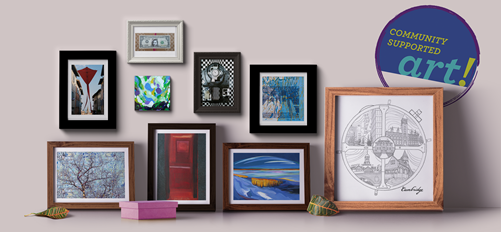 A collection of the 9 2016 Community Supported Artworks, framed grouped against a wall