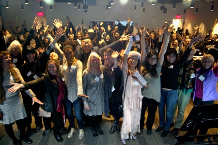 Artists who participated in the 2017 and 2016 Community Supported Art program celebrate with the crowd at the Harvest Party at Google Cambridge, Nov. 1, 2017.