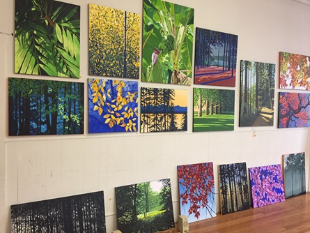 A grouping of colorful paintings  of nature by a Cambridge Arts Open Studios artist