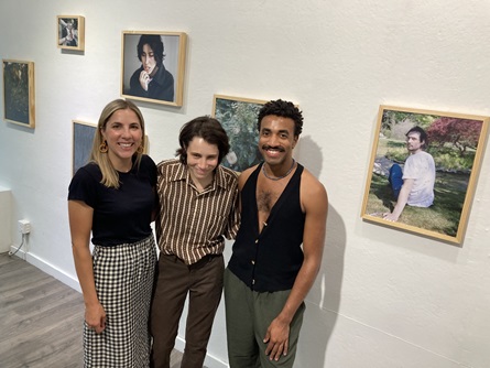 Allison Gray (left) of Gallery 263 with artists Ali Newhard (center) and Jonathan Mark Jackson at Gallery 263 on Pearl Street during 2023 Cambridge Arts Open Studios.