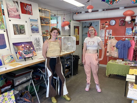 Hanna Norris (left) and and Kelsey Chaplain at Maud Morgan Arts, 20 Sacramento St., during the 2023 Cambridge Arts Open Studios.