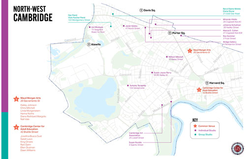 Cambridge Arts | Open Studios Guide Map for Northwest Cambridge, Sept. 9 and 10, 2023.