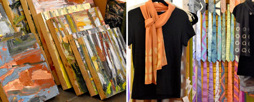 Cambridge Arts Open Studios: Images of a stack of paintings and scarves.