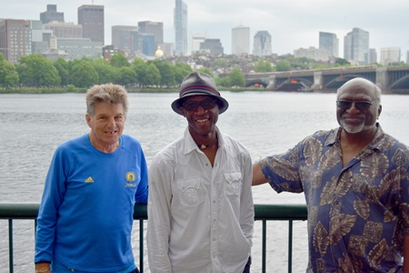 Poets Peter Payack (from left), Jean Dany Joachim and Charles Coe read at the Poetry Tent at the 2018 River Festival.
