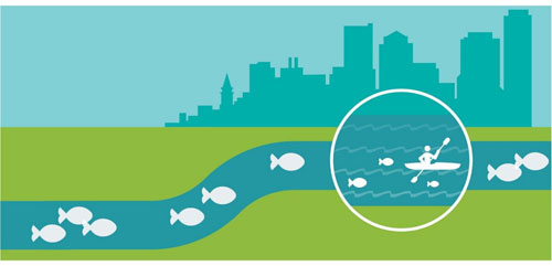 Graphic of kayaker and fish in river.
